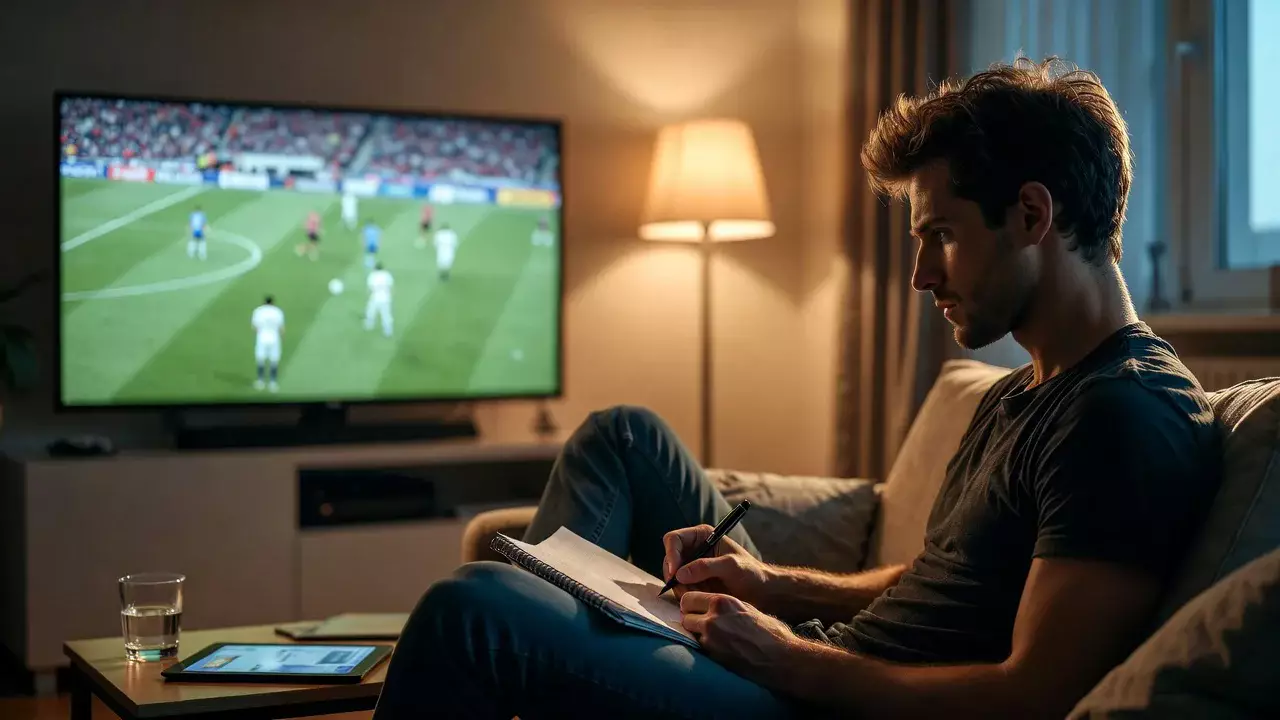 Tifoso che guarda una partita di calcio in televisione prendendo appunti su un quaderno
