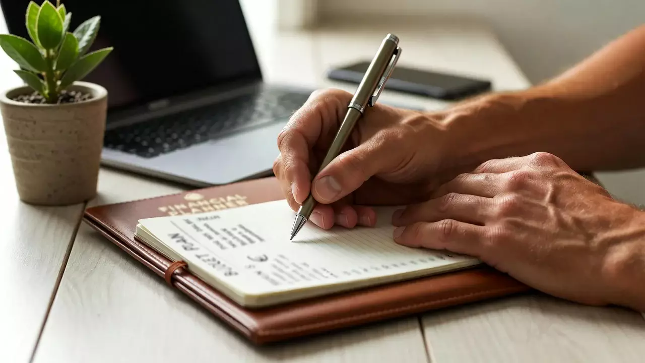 Persona che pianifica il budget scrivendo su un blocco note con simbolo euro visibile