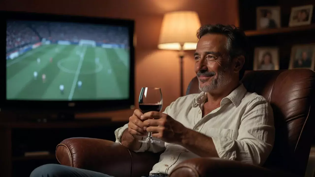 Persona che si rilassa in soggiorno guardando una partita di calcio con moderazione