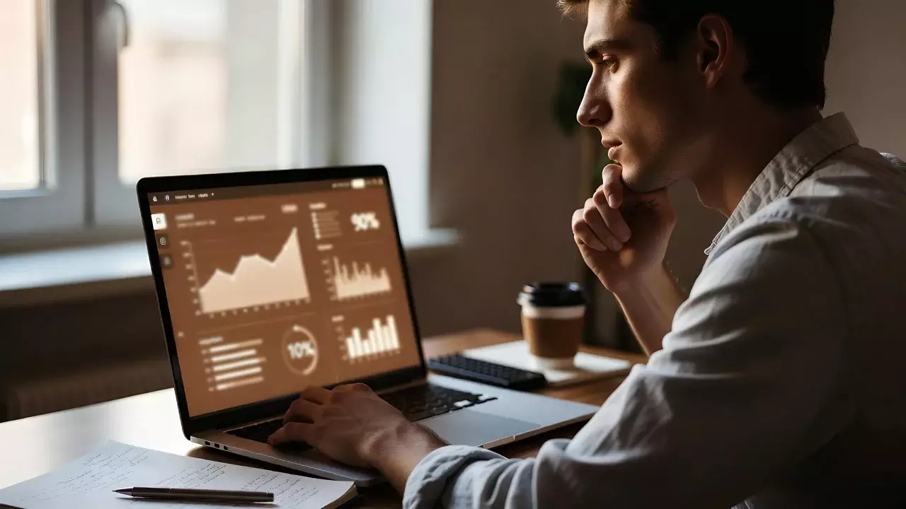 Persona che analizza dati statistici e quote su un computer portatile in ufficio