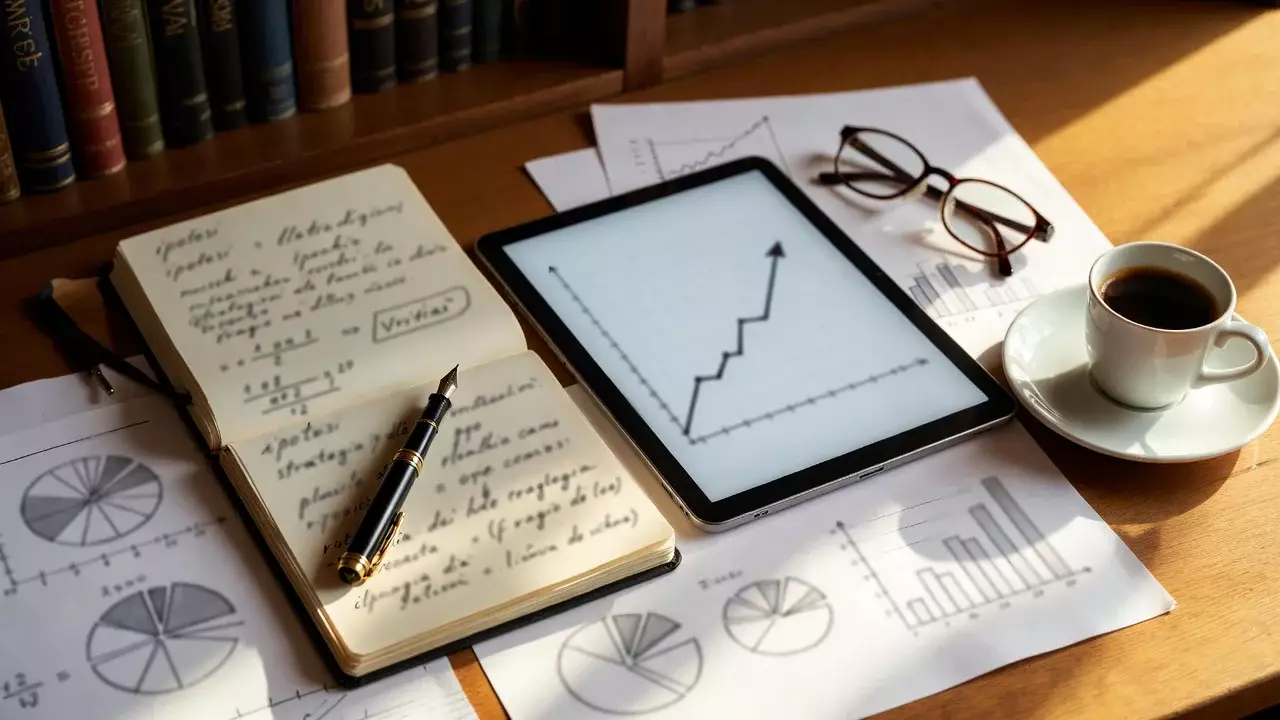 Scrivania con appunti, grafici di rendimento e tazza di caffè durante sessione di studio